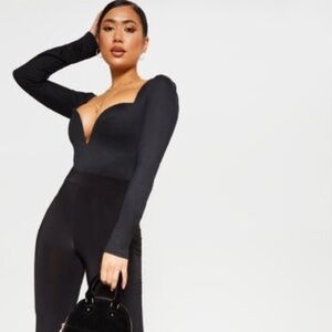 PrettyLittle Thing Petite Black Long Sleeve Plunge Bodysuit, Black, Size 10, NWT